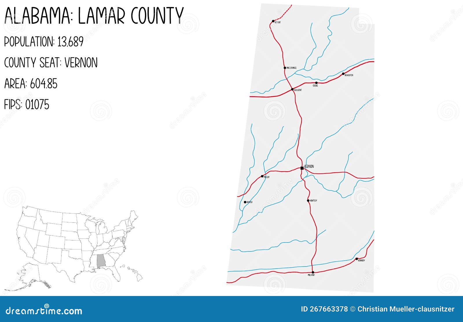 Map of Lamar County in Alabama, USA. Stock Vector Illustration of