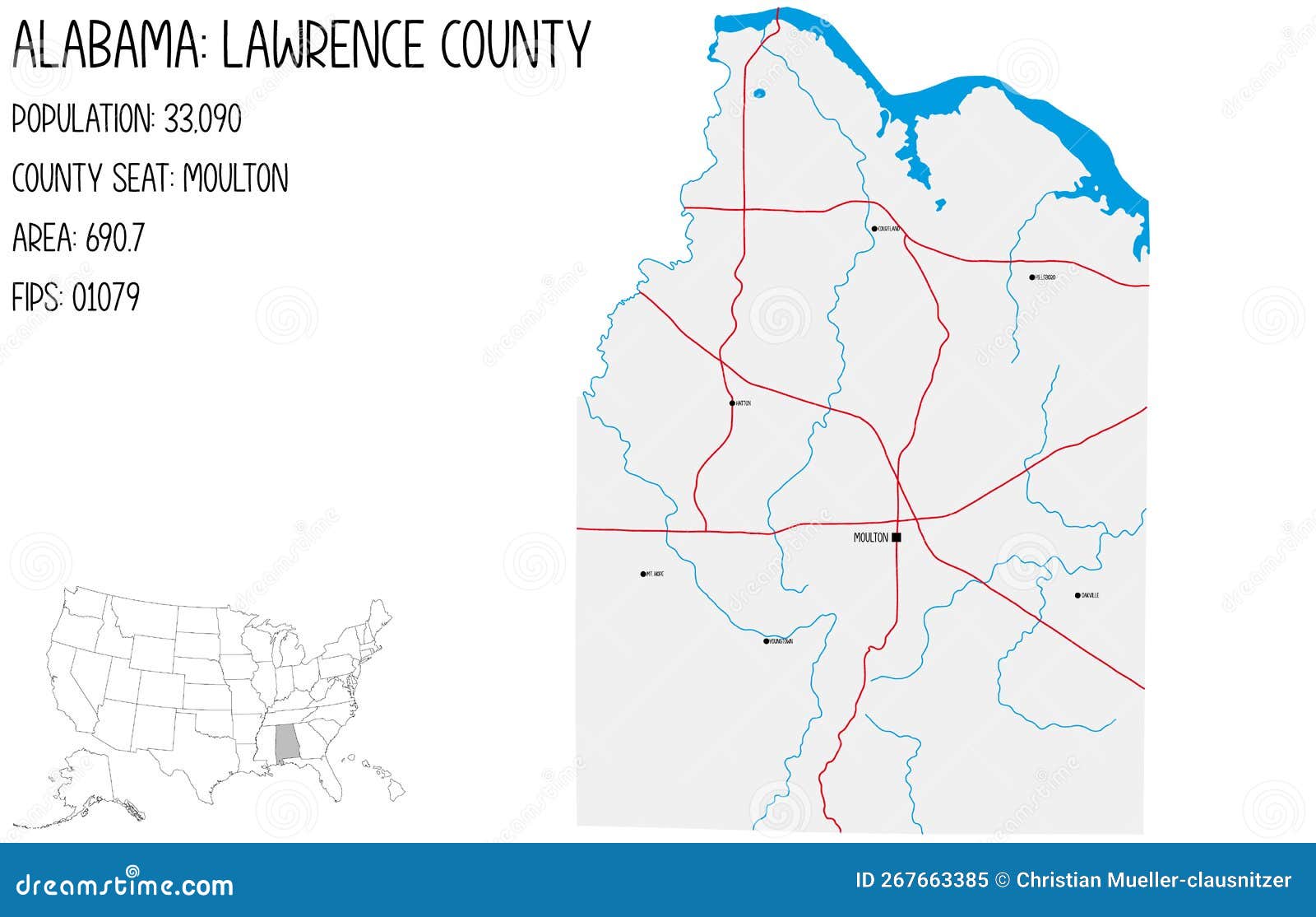 Map of Lawrence County in Alabama, USA. Stock Vector Illustration of