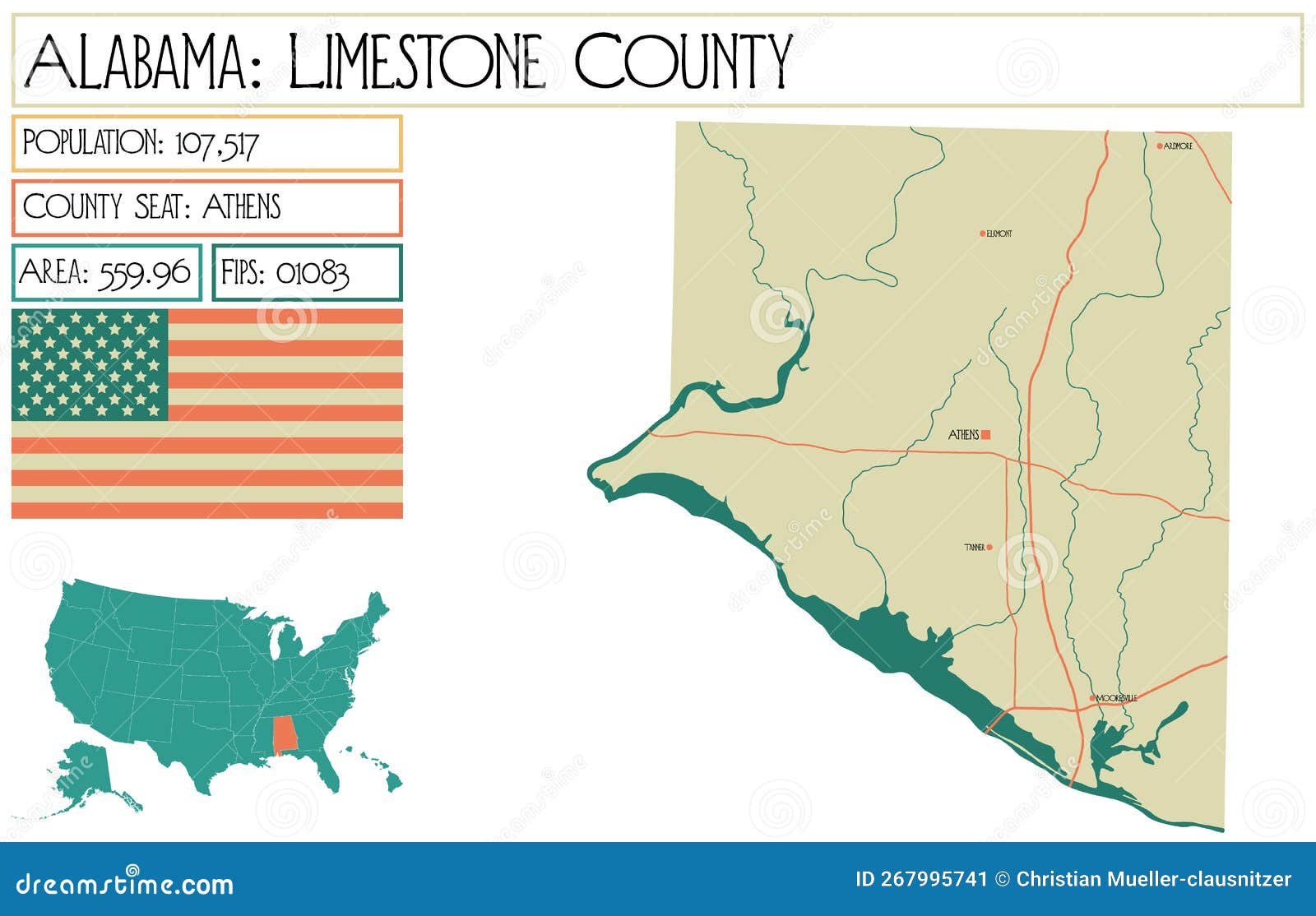 Map of Limestone County in Alabama, USA. Stock Vector Illustration of