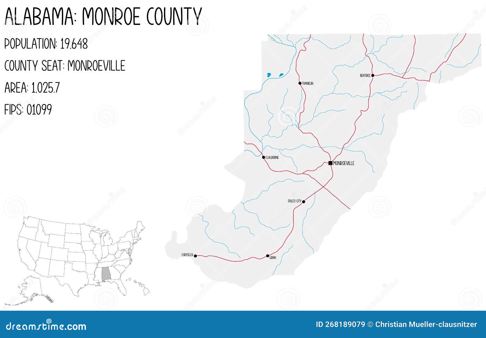 Map of Monroe County in Alabama, USA. Stock Vector Illustration of
