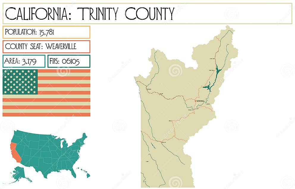 Detailed Map of Trinity County in California USA Stock Illustration