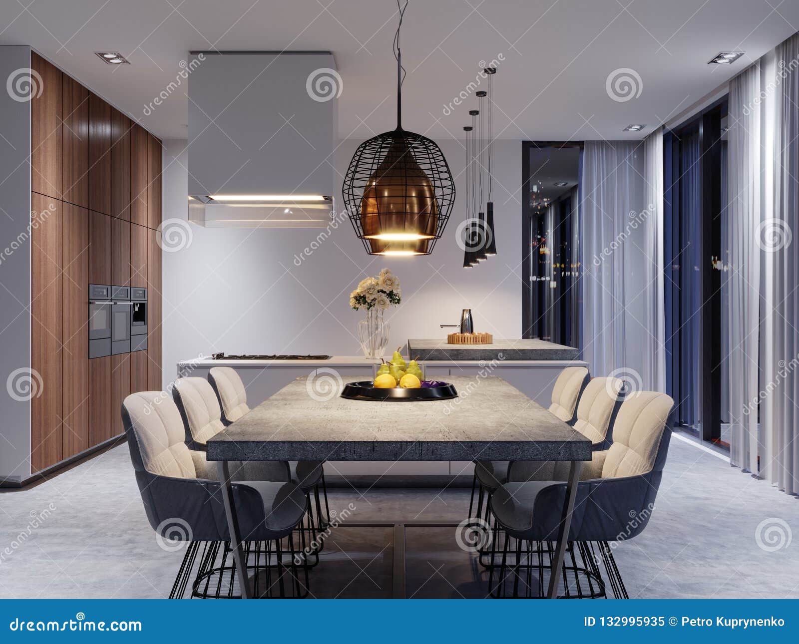 A Large Dining Table With A Concrete Worktop Large Designer Hanging Lamps And Six Stylish Chairs Stock Illustration Illustration Of Elegant Interior 132995935