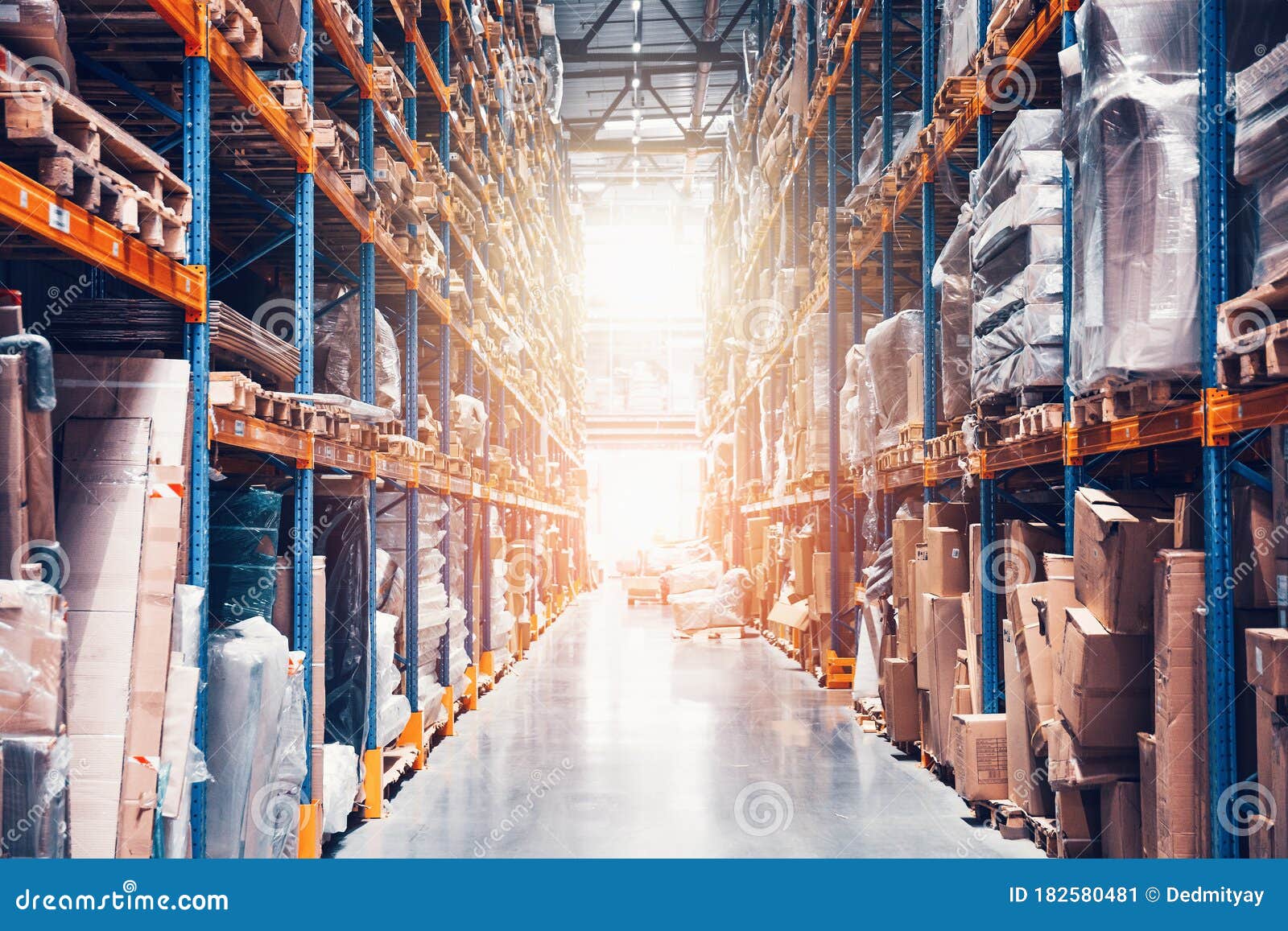 Large Distribution Warehouse with High Shelves, Many Goods and Boxes