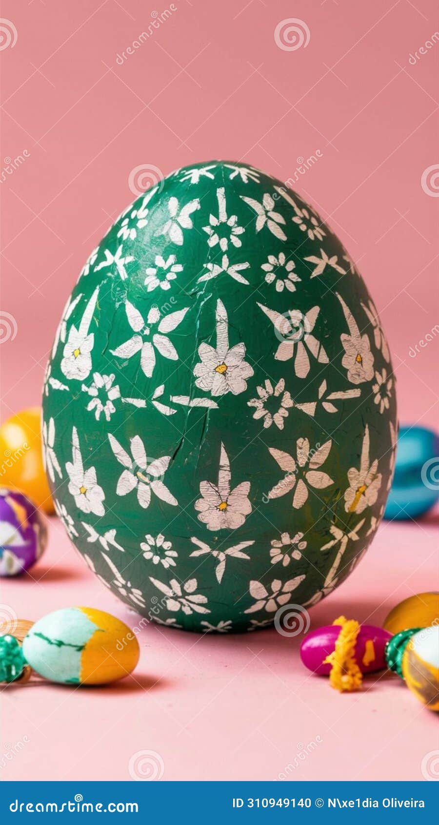 large easter egg with predominantly green s, a little white also appears on a very light pink background.