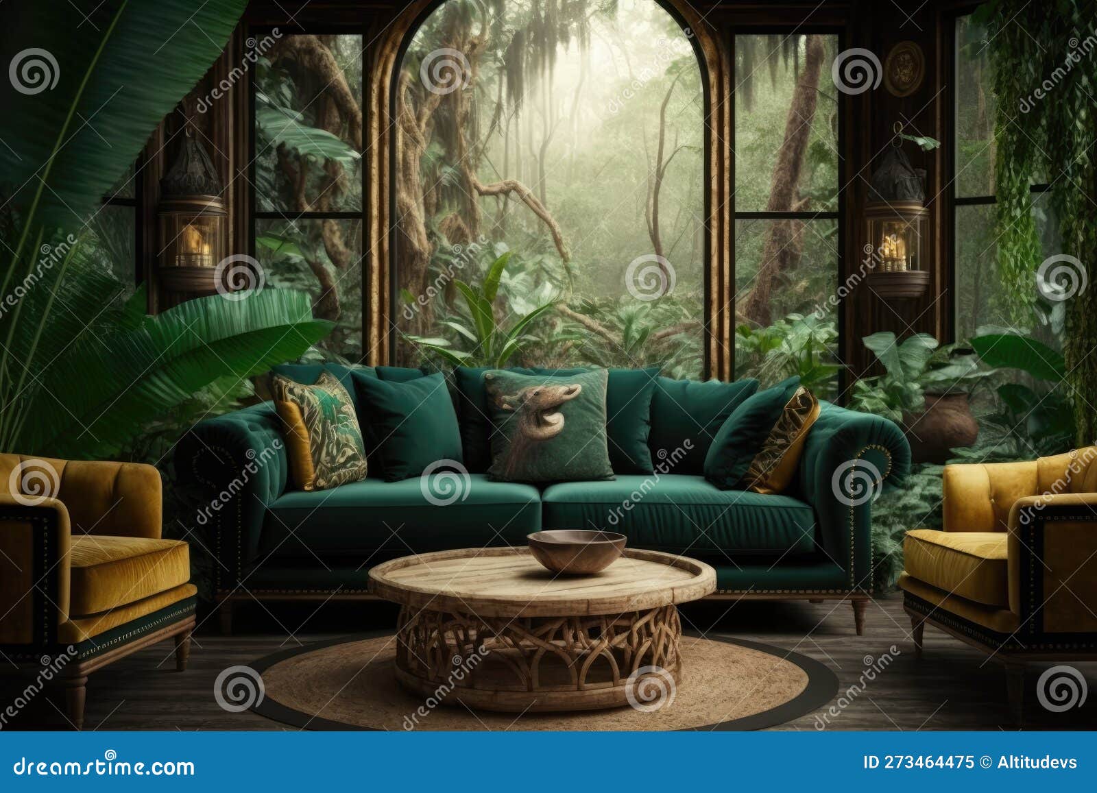 Large Exotic Lounge in Jungle Interior Design with Soft Sofas and