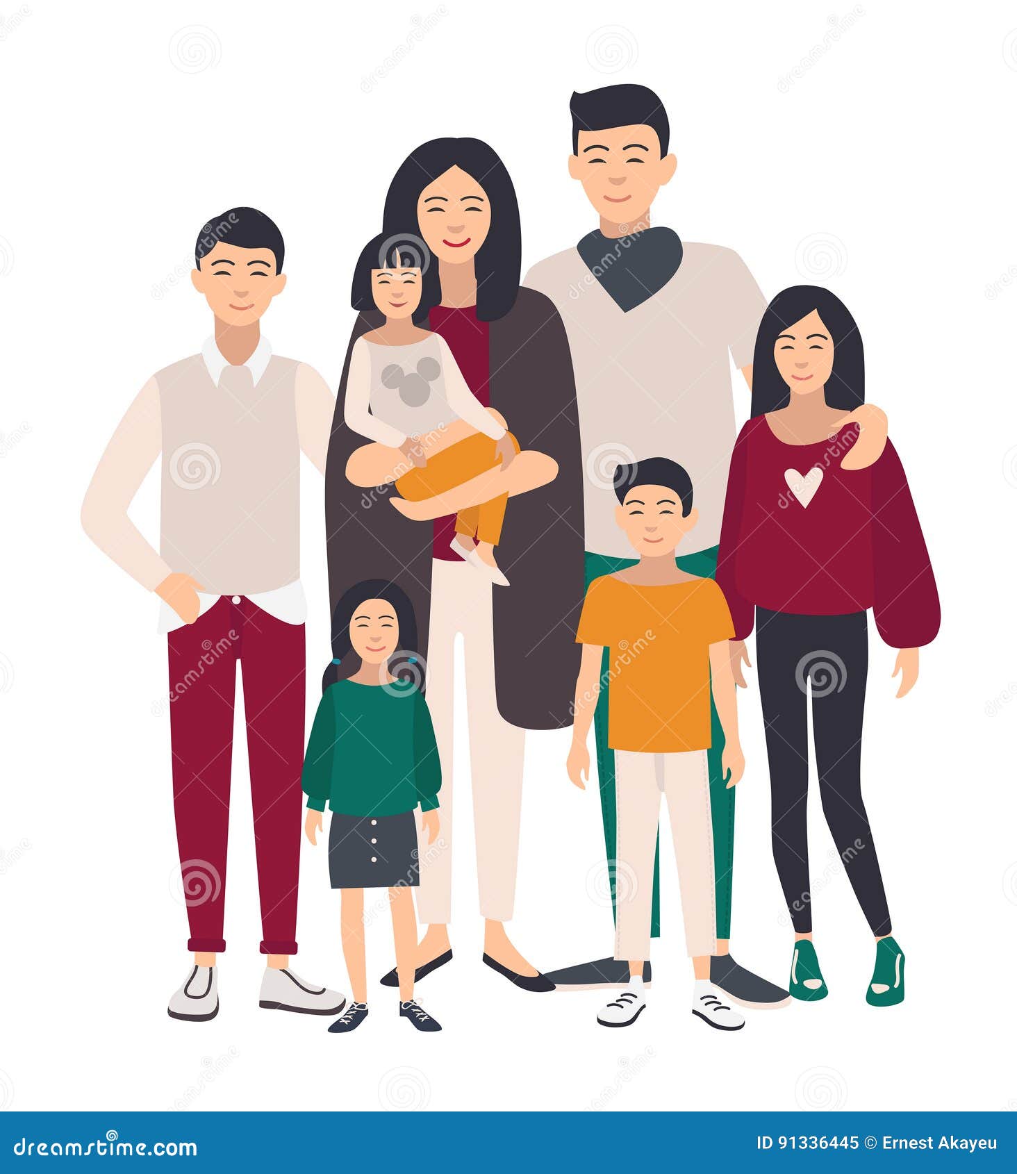 large family portrait. asian mother, father and five children. happy people with relatives. colorful flat .