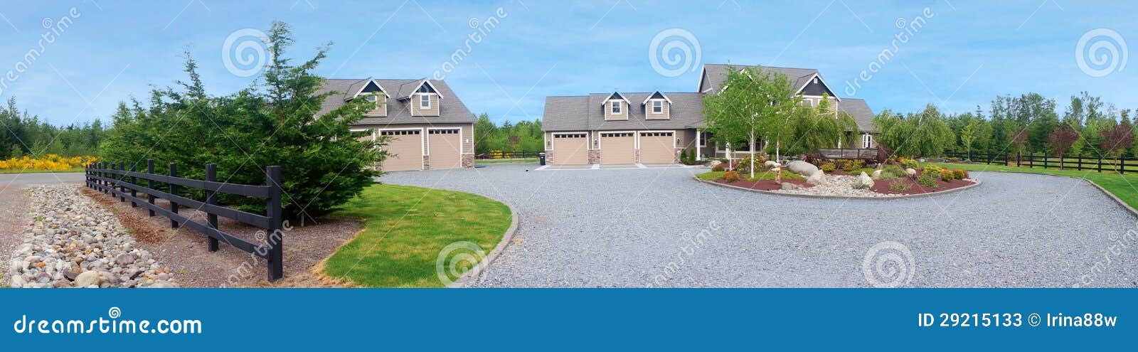 large farm country house with gravel driveway and green landscape.