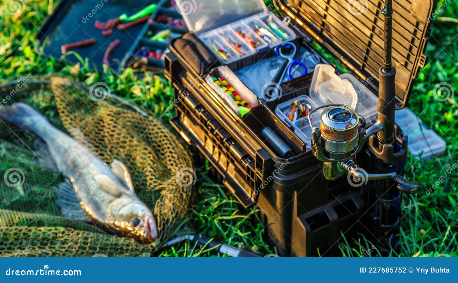 A Large Fisherman`s Tackle Box Fully Stocked with Lures and Gear for Fishing .fishing Lures and Accessories in the Box Background Stock Photo - Image of  bass, line: 227685752