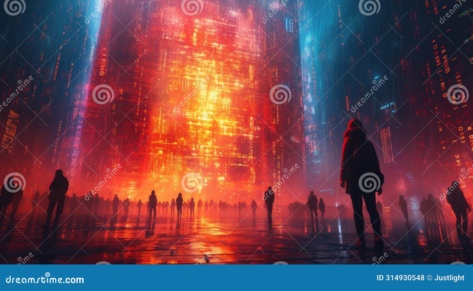 a large futuristic cityscape takes up most of the image with people going about their daily business. however instead of