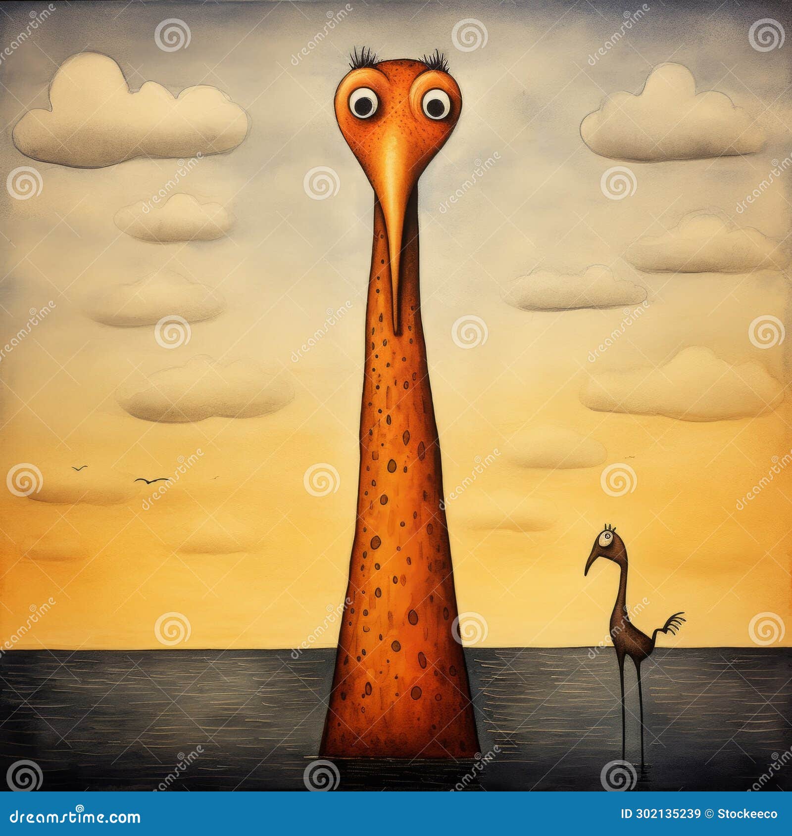 Gigantic Orange Sea Creature a Humorous Caricature in the Style of Alex