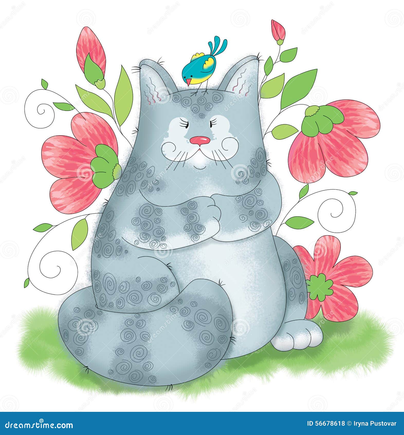 A Large Gray Cat Playing with a Bird Stock Illustration Illustration