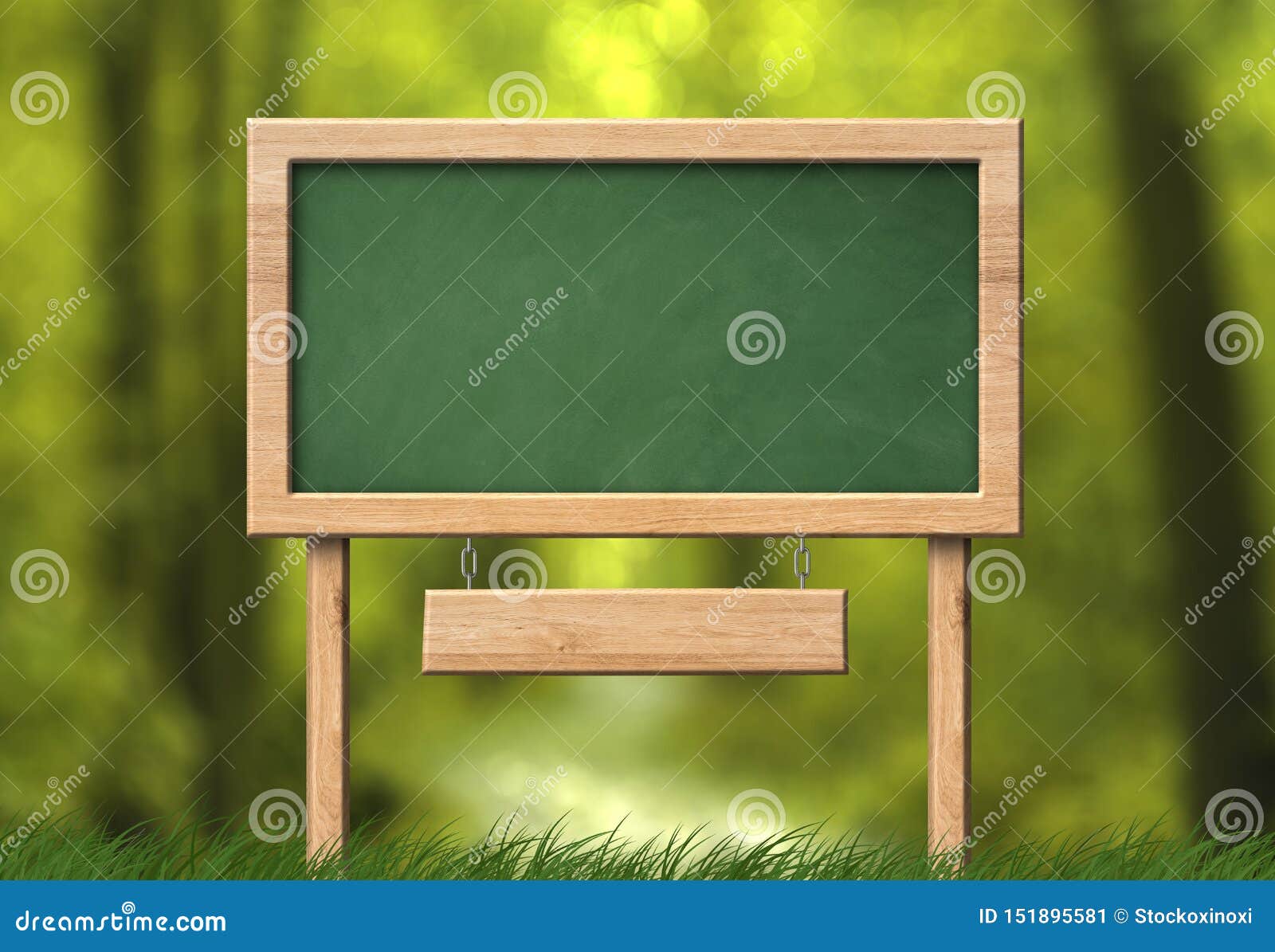 Large Green Blackboard with Wood Frame and Forest Background Stock