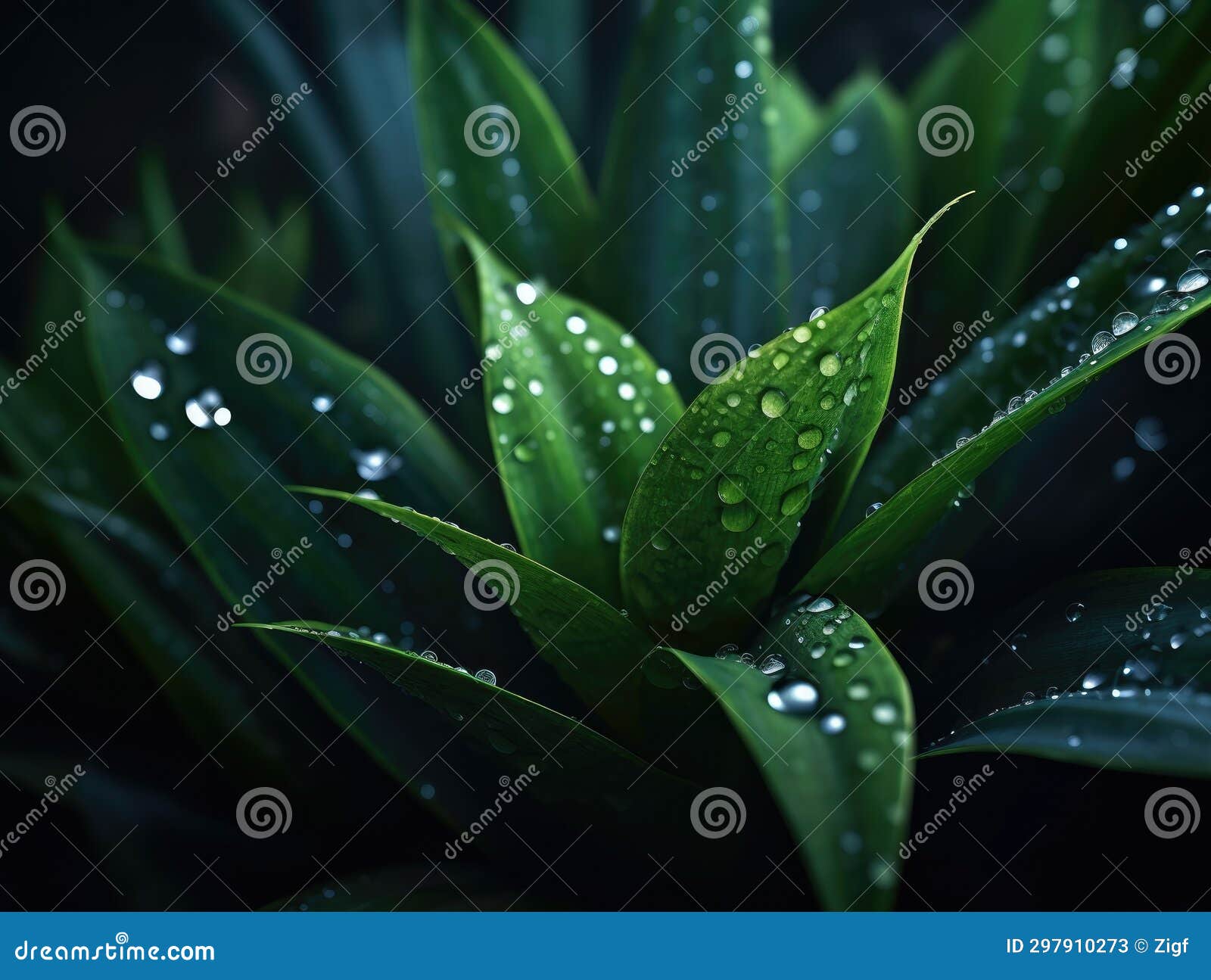 Large Green Plant, with Several Droplets of Water on Its Leaves. these