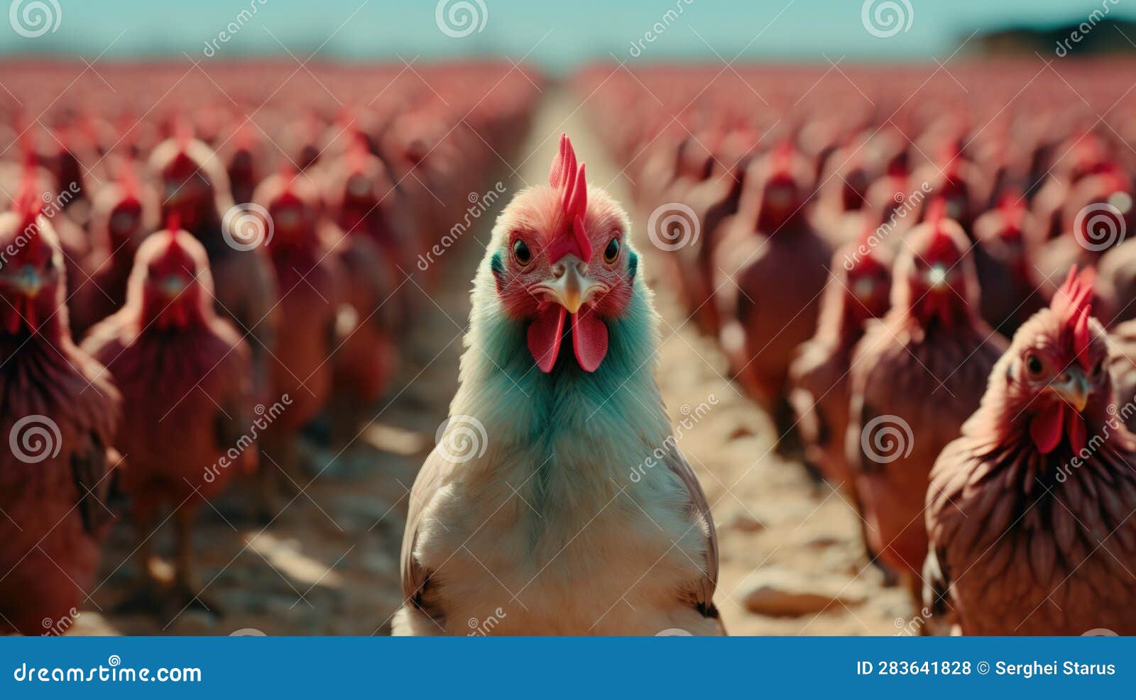 A Large Group of Chickens Walking Down a Dirt Road. Generative AI Image