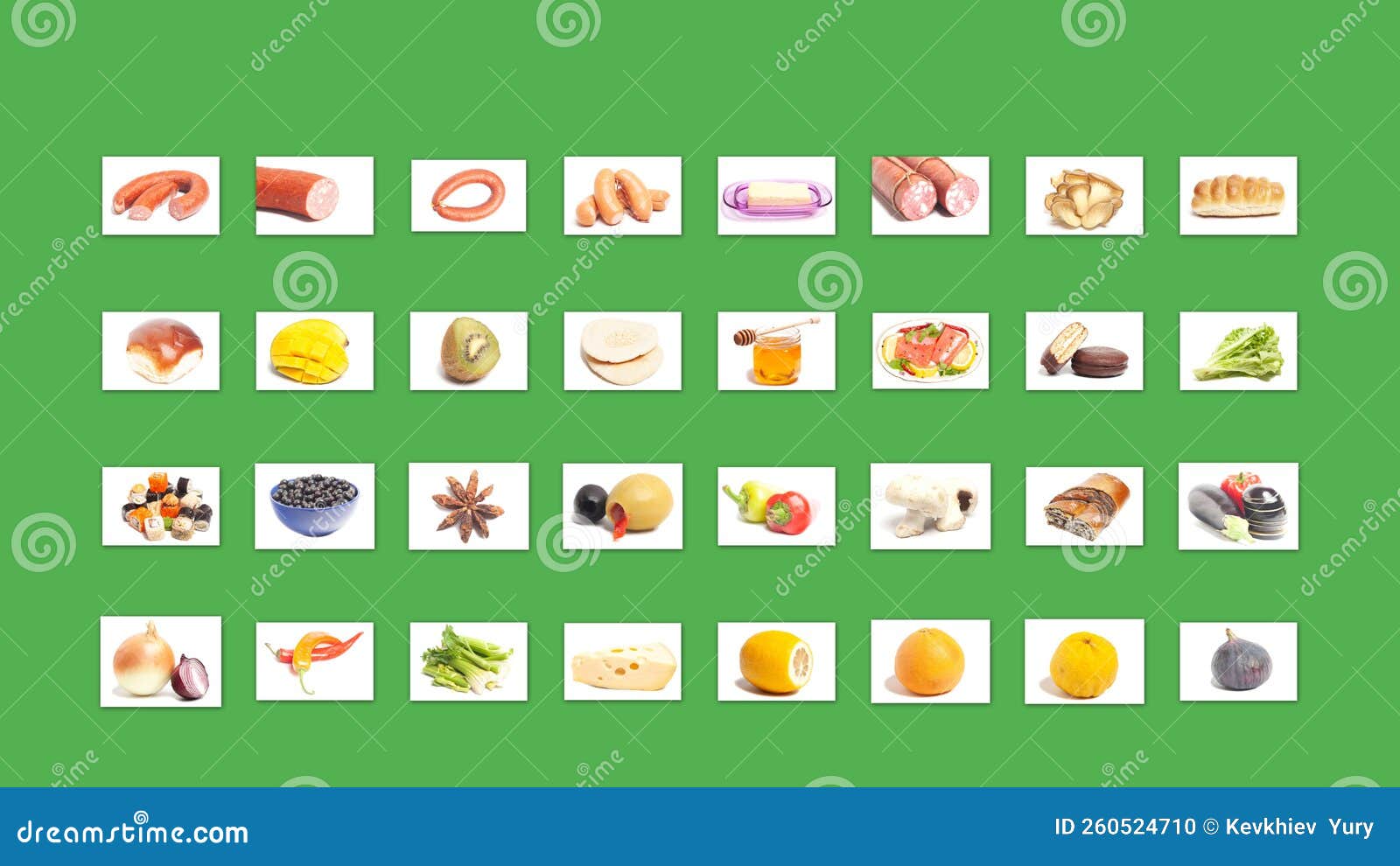 Large Group of Food on Green Background. Stock Photo - Image of food