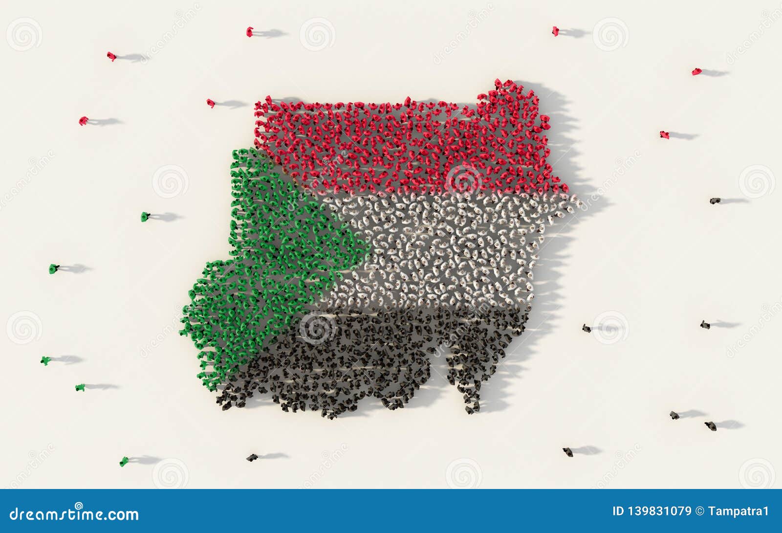 large group of people forming sudan map and national flag in social media and community concept on white background. 3d sign