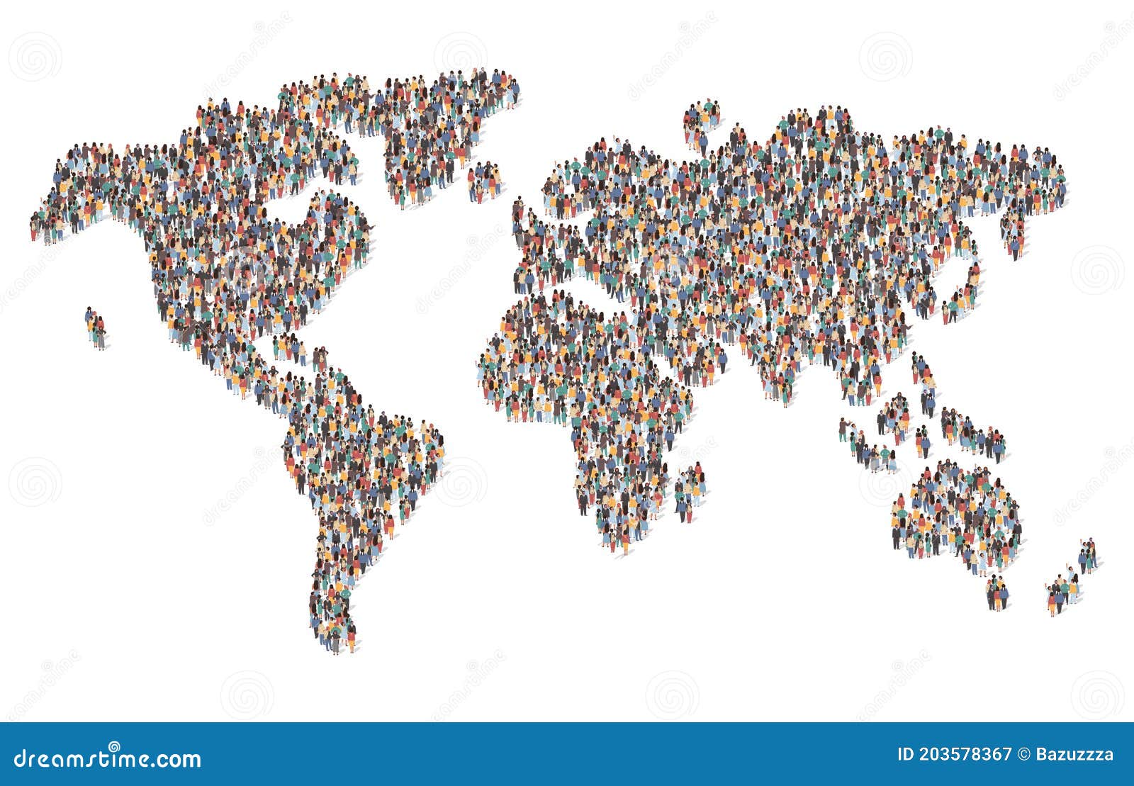 large group of people forming world map standing together, flat  . population, earth community.