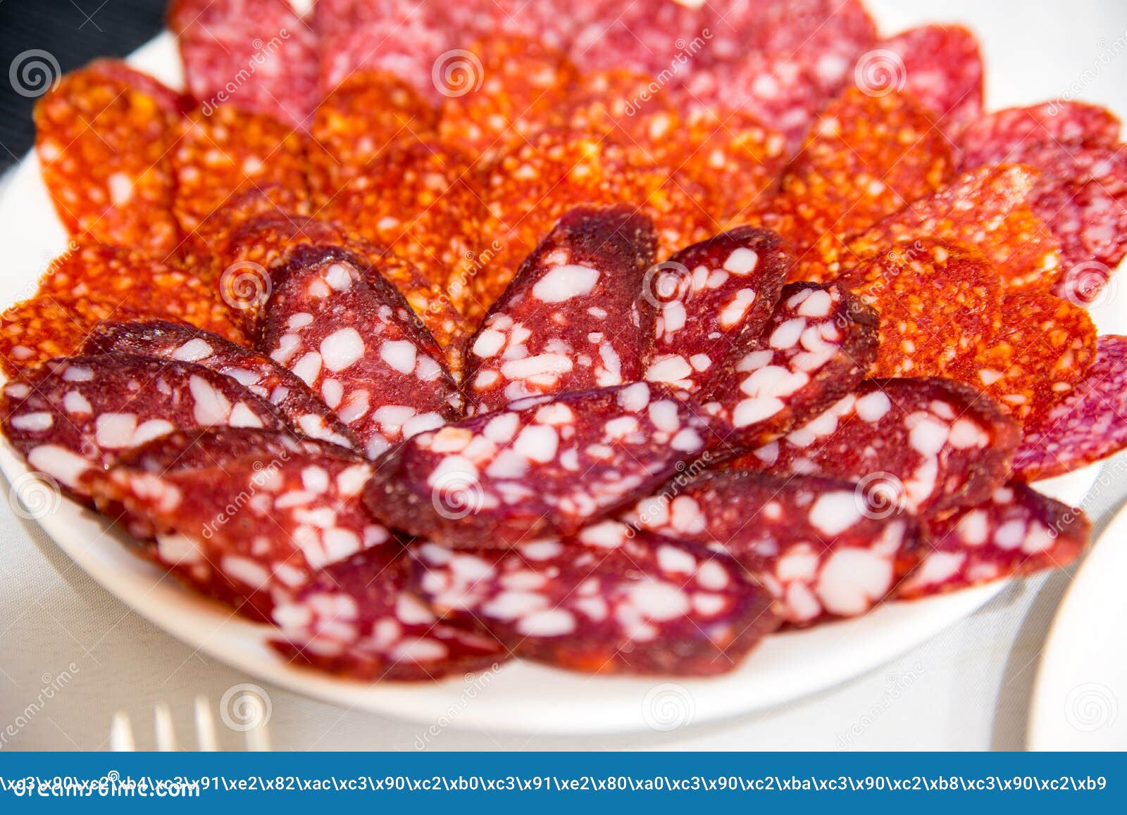 Large Group of Thinly Sliced Sausages on a Plate Stock Photo Image of