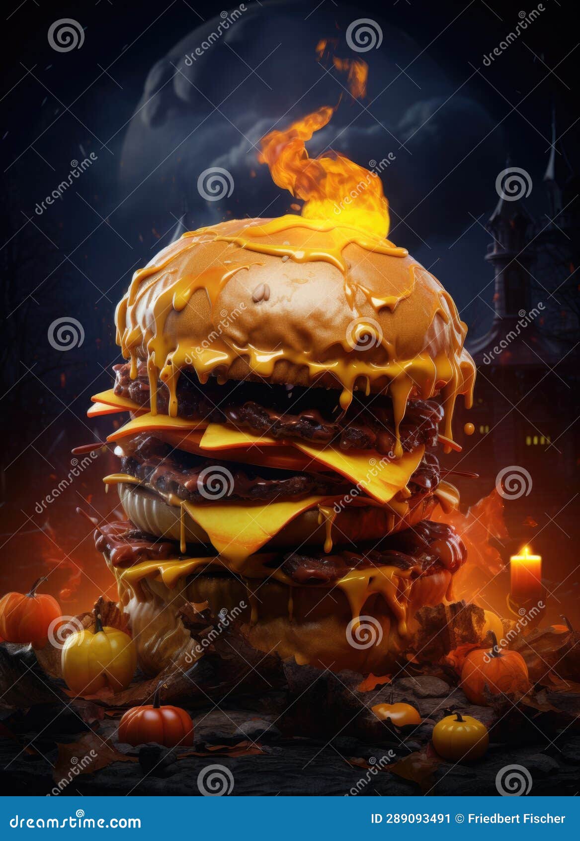 A Large Hamburger with Cheese and Bacon on it. Stock Image - Image of