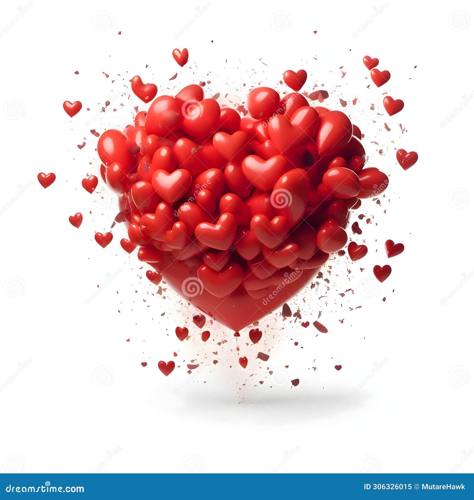 large heart composed of tiny hearts with gloss 3d red on white . heart as a  of affe and love