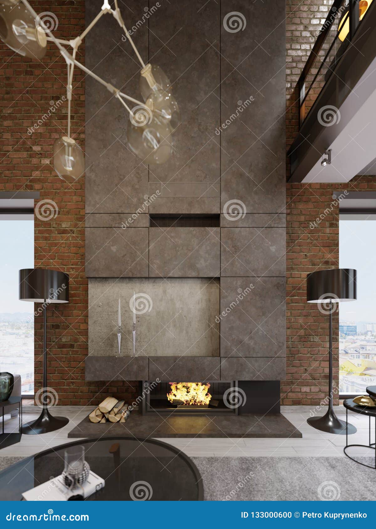 Large High Concrete Fireplace With Built In Firebox With Burning