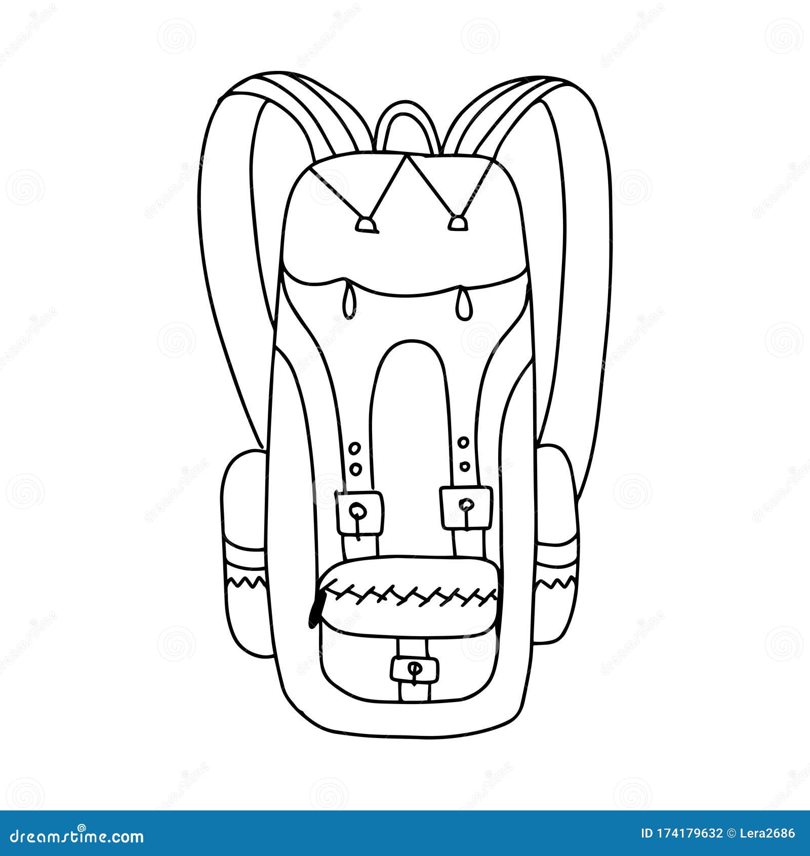 Large Hiking Backpack with Pockets. Doodle Style. Black and White