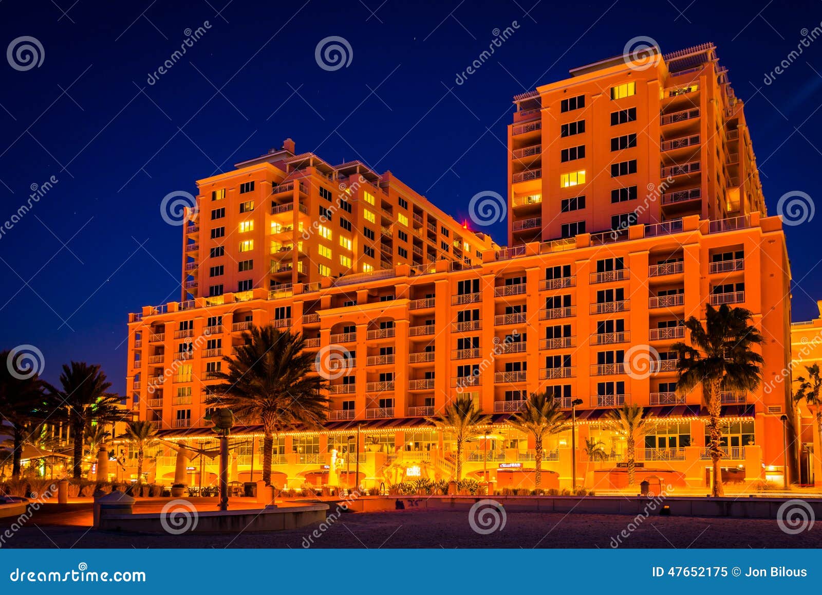 Large Hotel at Night in Clearwater Beach, Florida. Stock Image Image