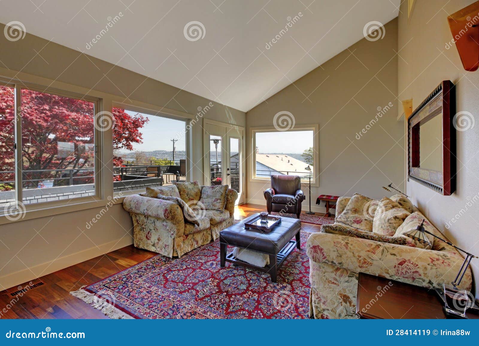 Large Living Room with Two Sofas and Red Rug. Stock Image Image of