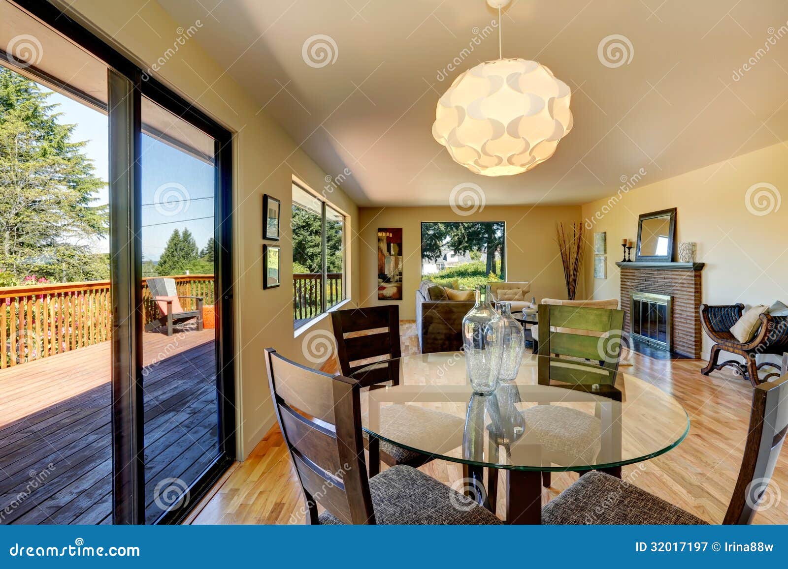 Large Long Living Room with Dining Room Table, Balcony and Fireplace