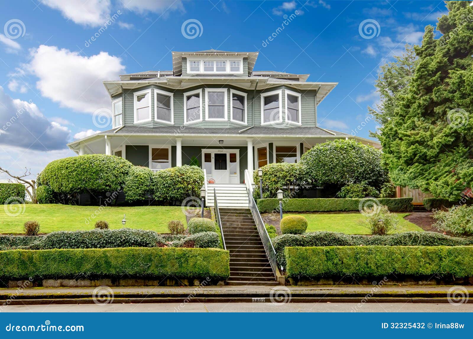 Large Luxury Green Craftsman Classic  American  House  Exterior  Stock Photo Image of historical 