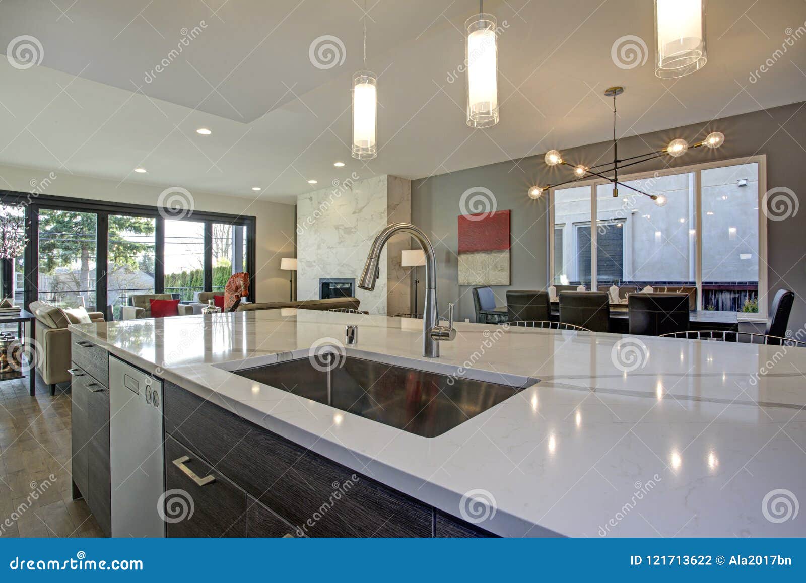 White And Gray Kitchen Room Interior With Open Floor Plan