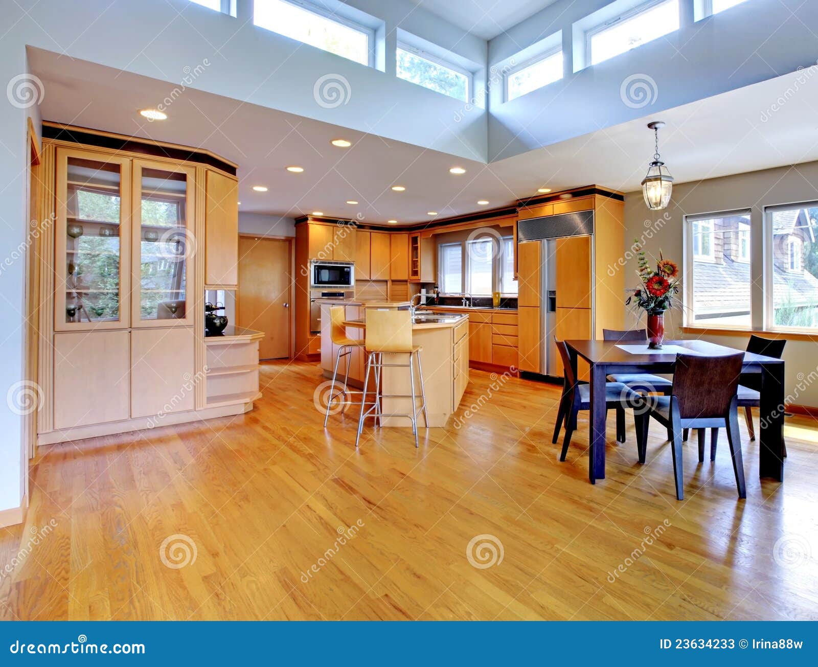 Large Luxury Modern Wood Kitchen Stock Image - Image of building