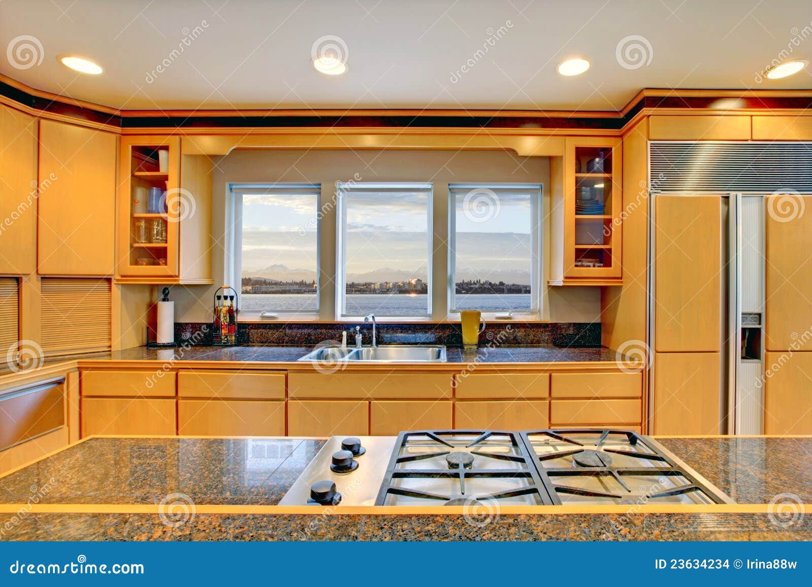 Large Luxury Modern Wood Kitchen Stock Photo - Image of ceiling