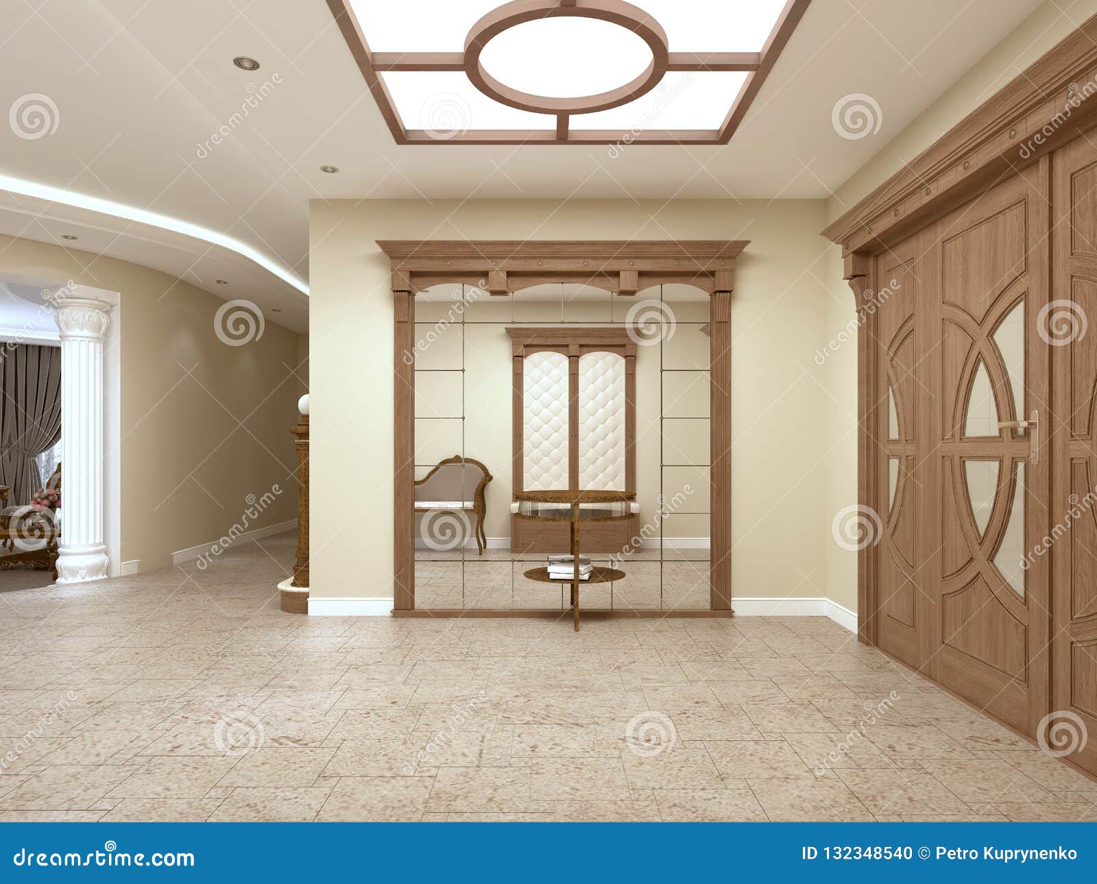 A Large Mirror With A Table For Keys In The Foyer Of A Luxurious