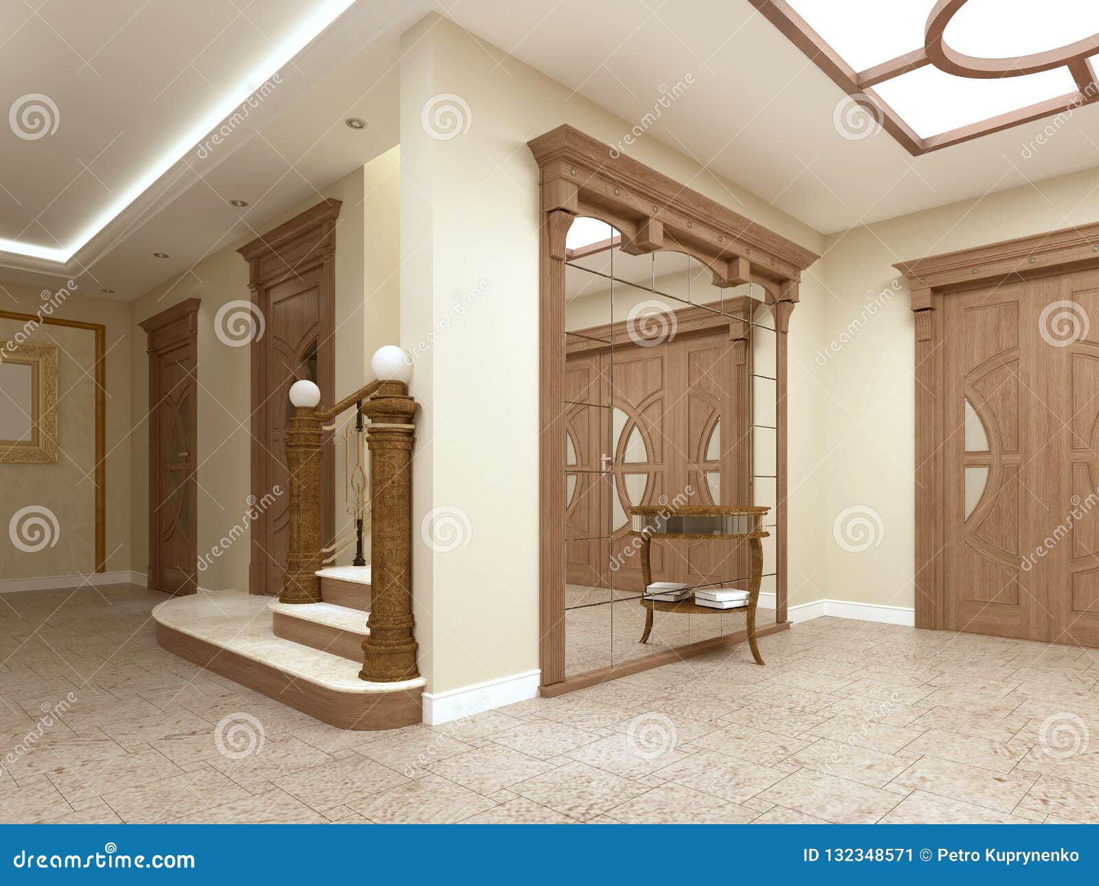 A Large Mirror With A Table For Keys In The Foyer Of A Luxurious