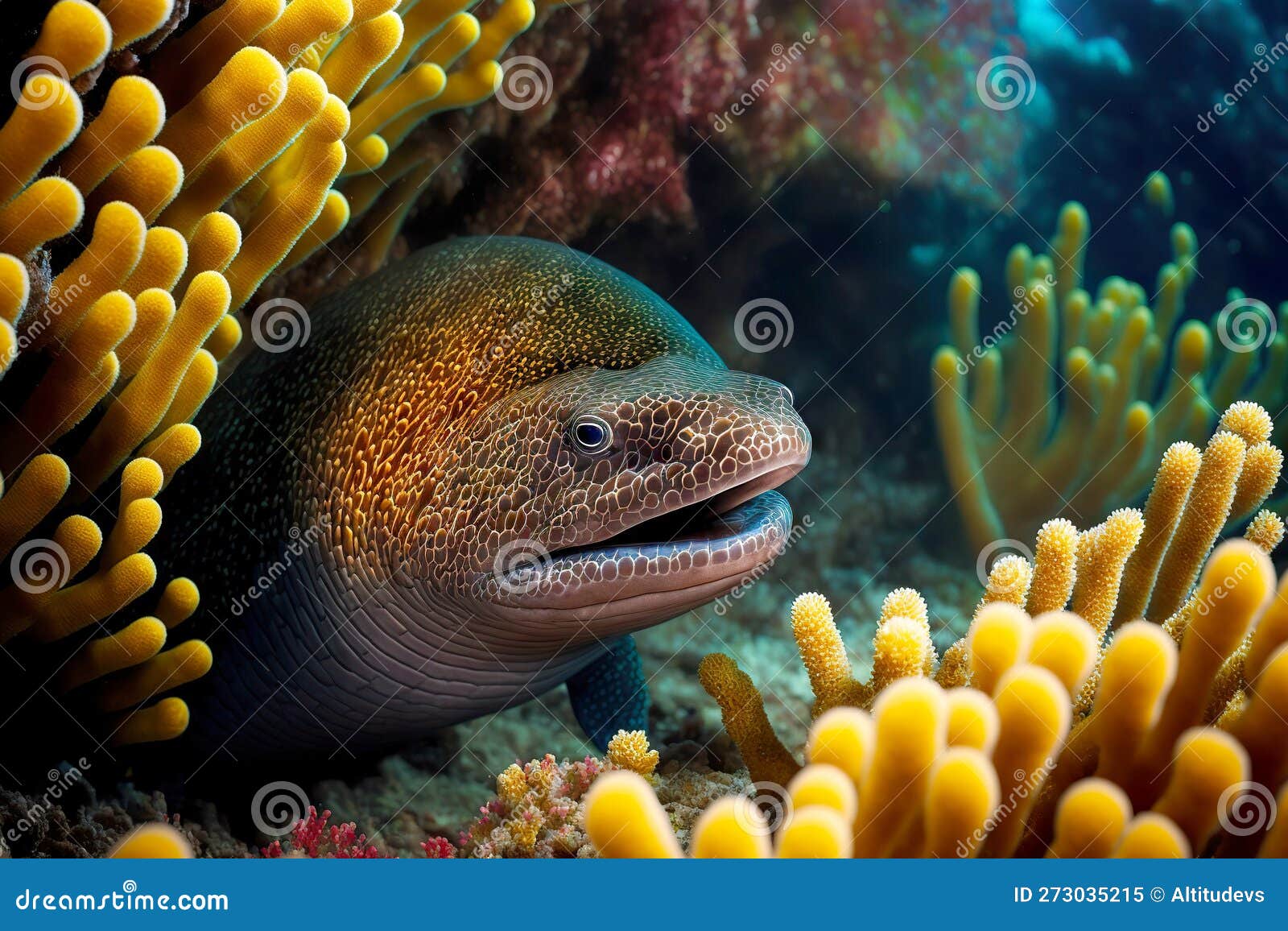 Moray Eel Large Moray Eel With Open Mouth And Thick Row Of Sharp Teeth