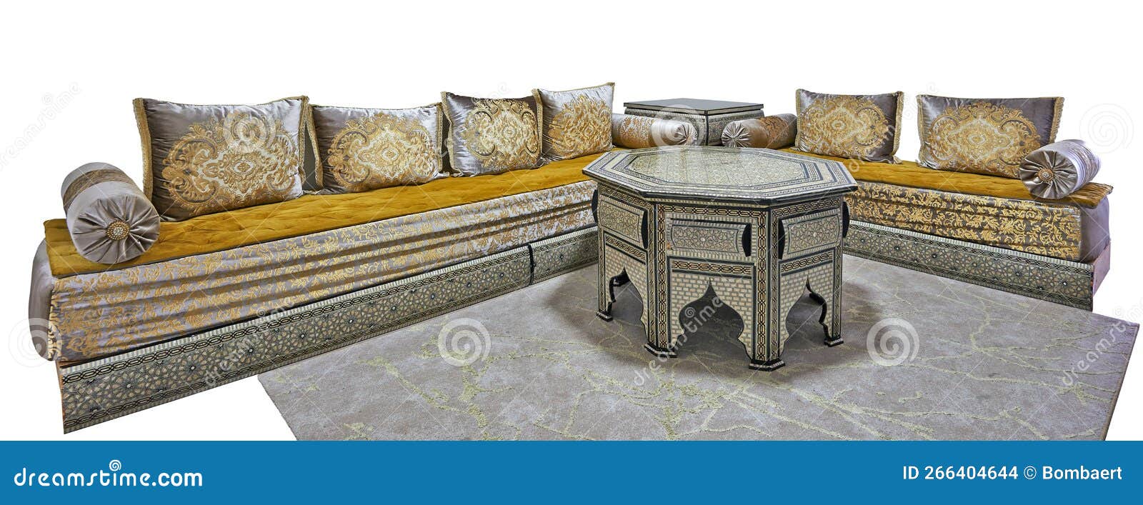 Large Moroccan Couch with Cushions and Ornated Table Isolated Stock