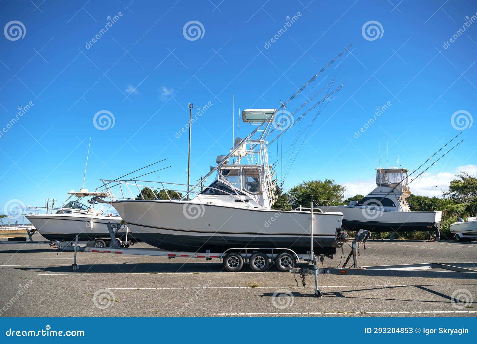 Large Motor Boats on Car Trailers Parked at the Pier Stock Image Image of transport, boating