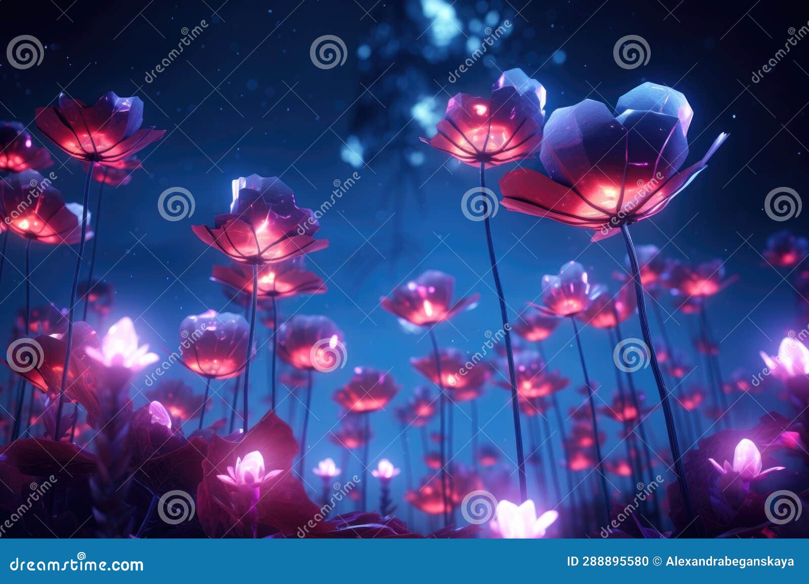 Large Neon Flowers Grow in a Clearing at Night Stock Illustration
