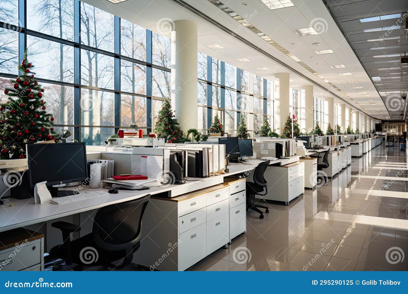 A Large Office with Christmas Trees in Stock Image Image of