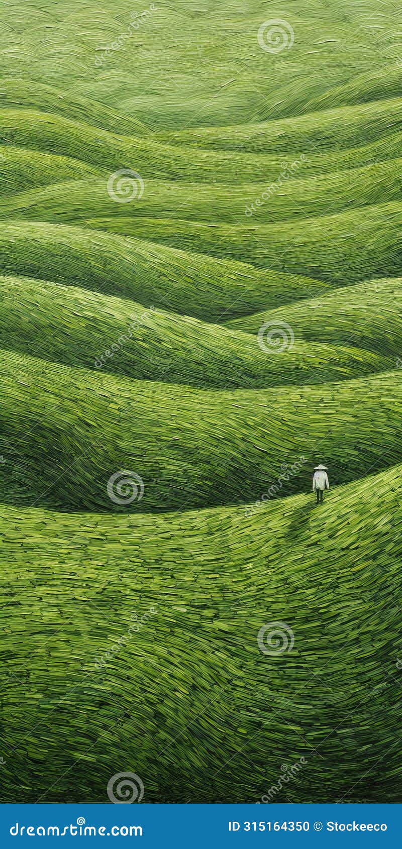 endless lawn: a rustic figurative painting of a green field with a small house