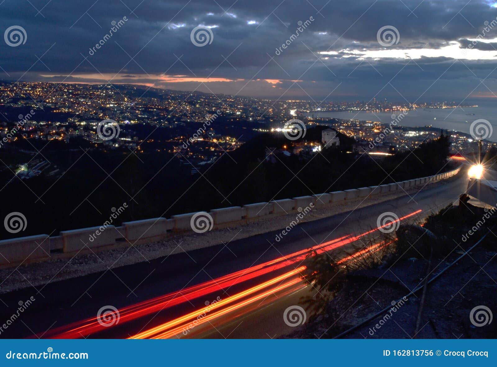 large panoramic view  by night  of  beyrouth, dora, zalka until zouk mikael in front of the mediterranean sea in lebanon