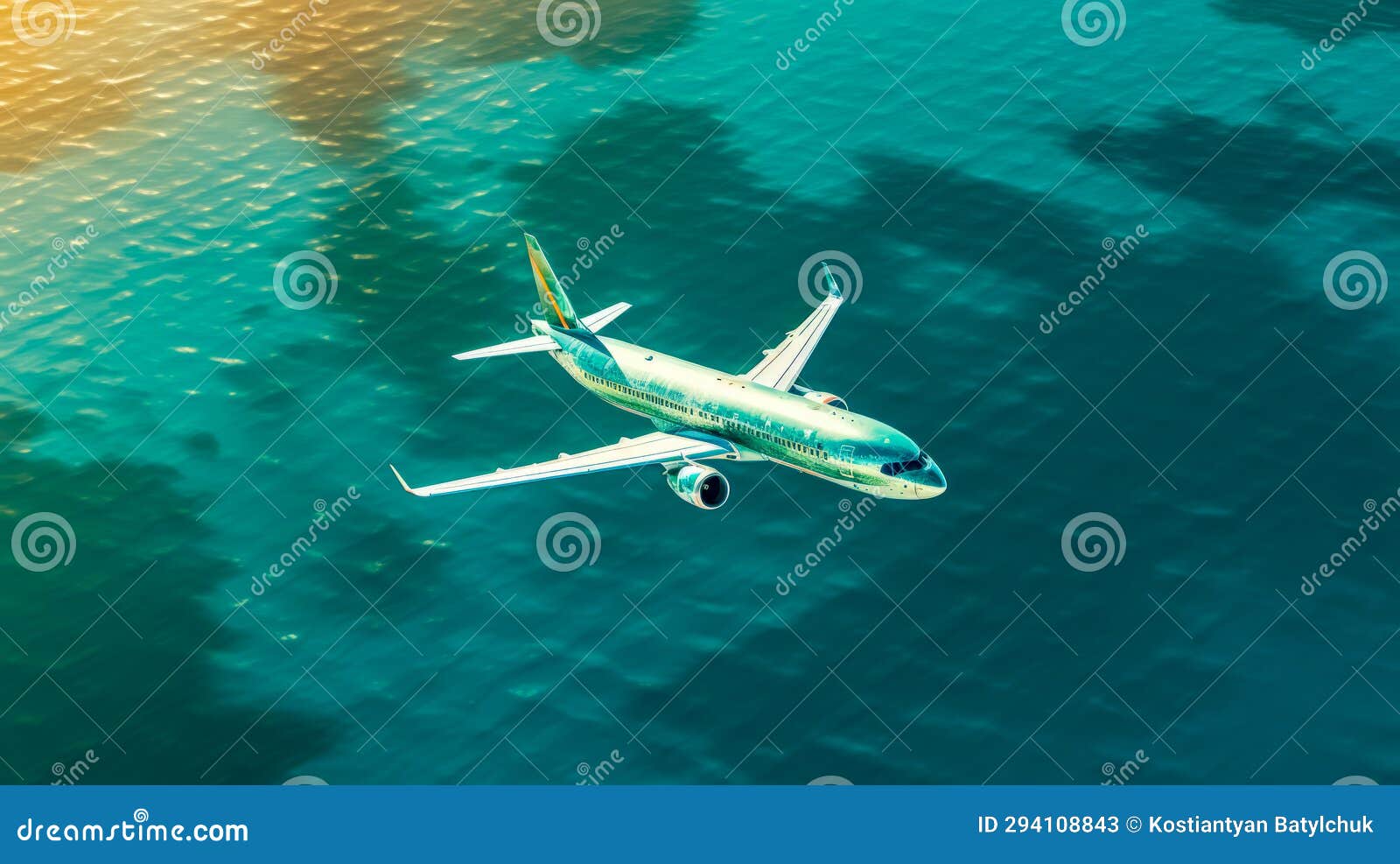 Large Passenger Jet Flying Over Large Body of Water with Sky Background