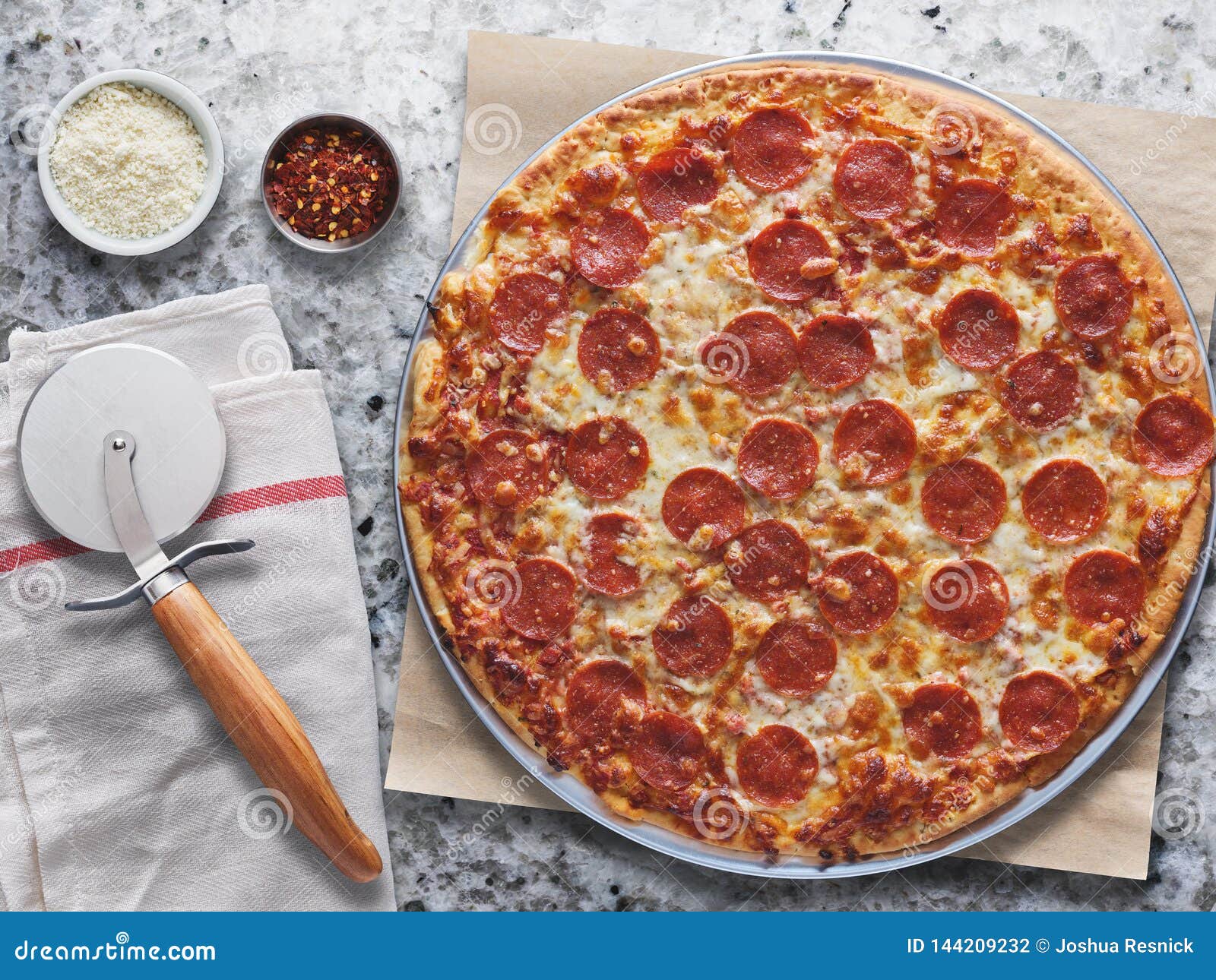 Large Pepperoni Pizza on Marble Counter Stock Photo Image of food