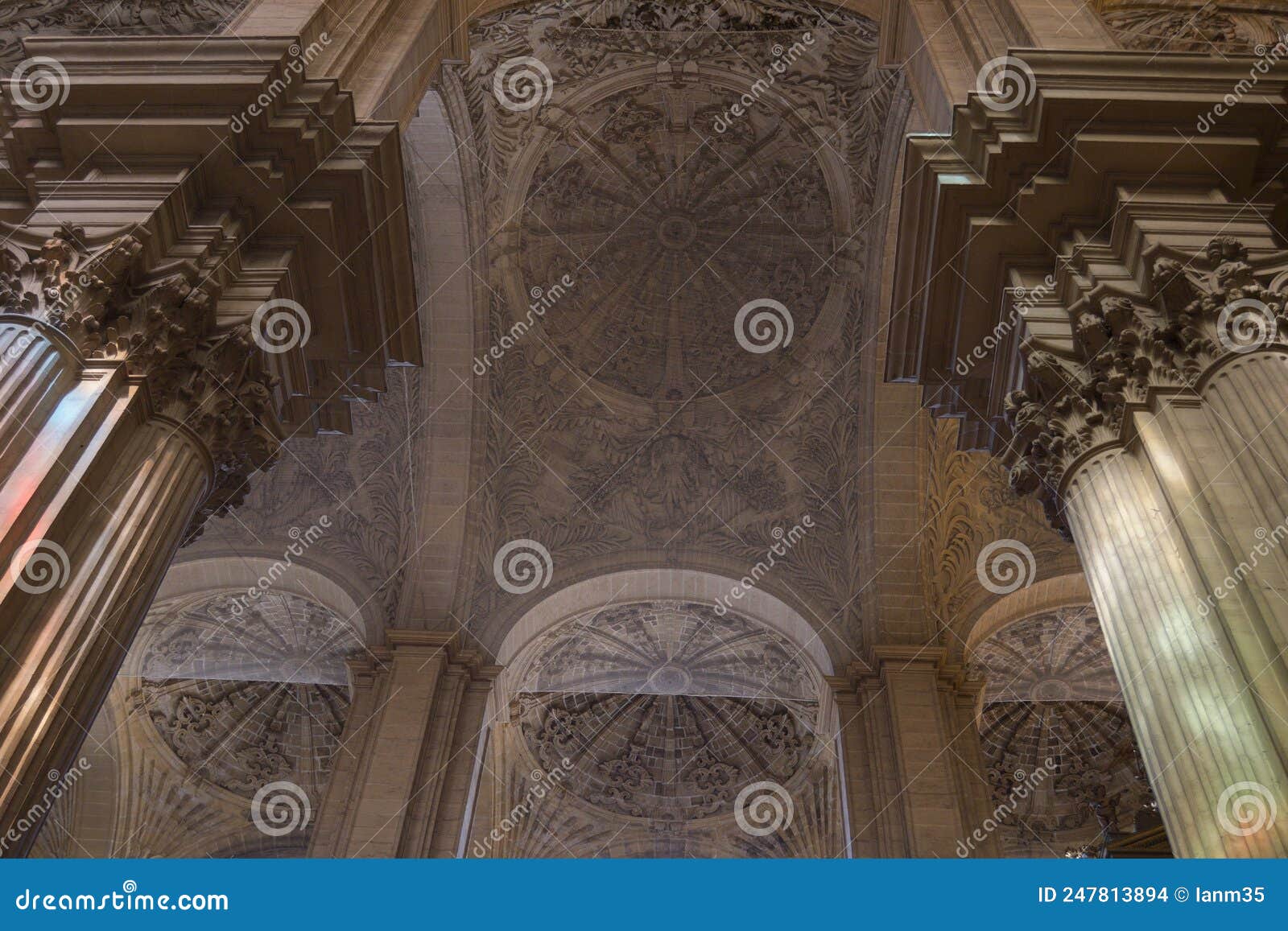 Big Pillars and Vaults in Malaga Cathedral, Spain Editorial Stock Image