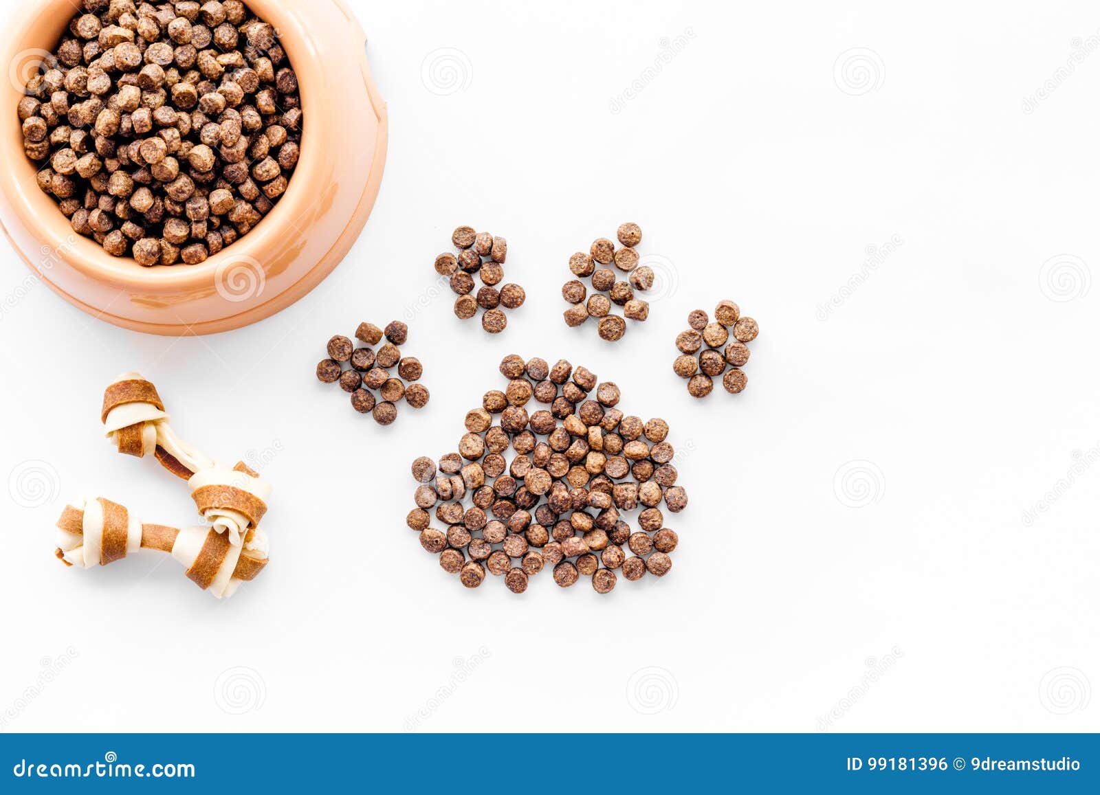 Download Large Bowl Of Pet - Dog Food Spilling In Paw Print On White Background Top View Mockup Stock ...