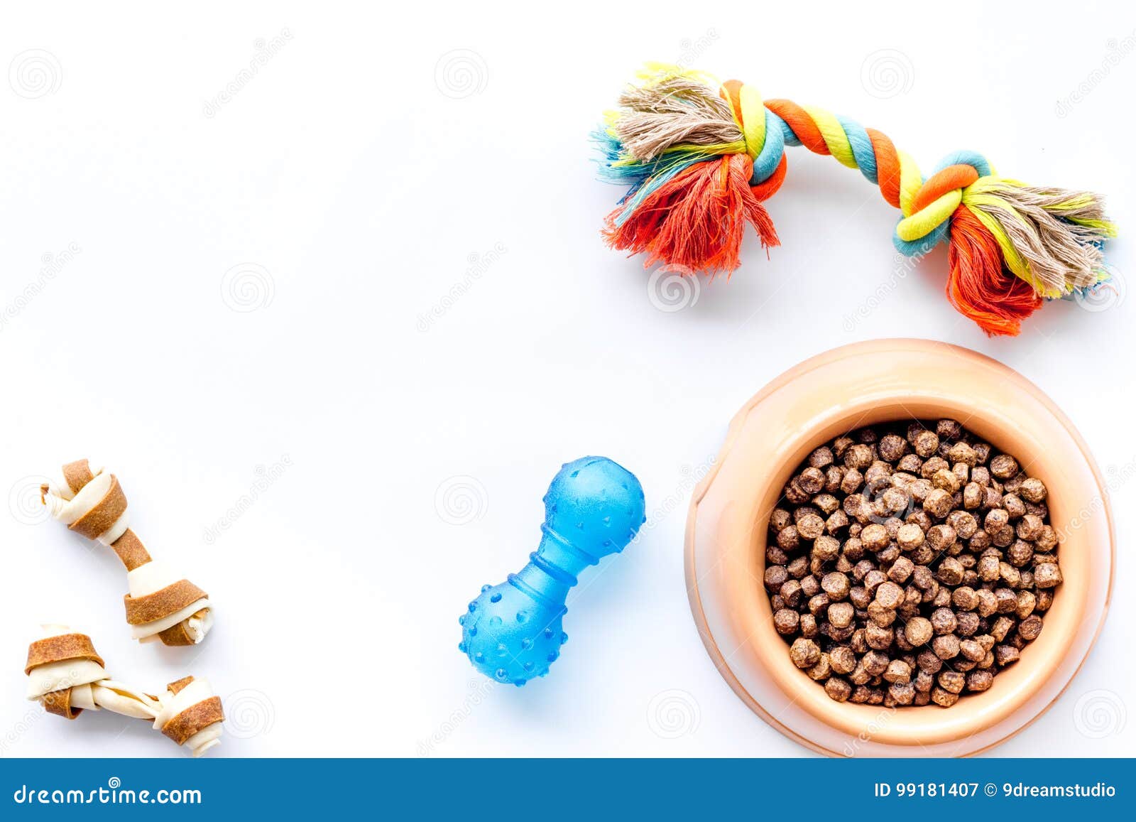 Download Large Bowl Of Pet - Dog Food With Toys On White Background Top View Mockup Stock Image - Image ...