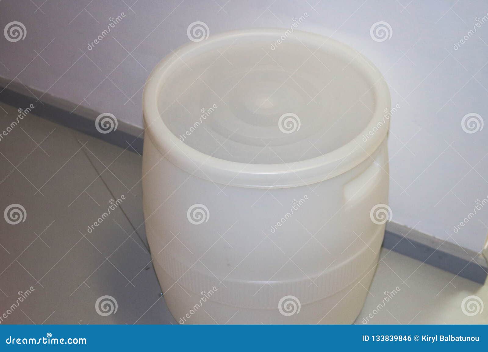 Large Plastic White Barrel of Highpressure Polyethylene. Plastic