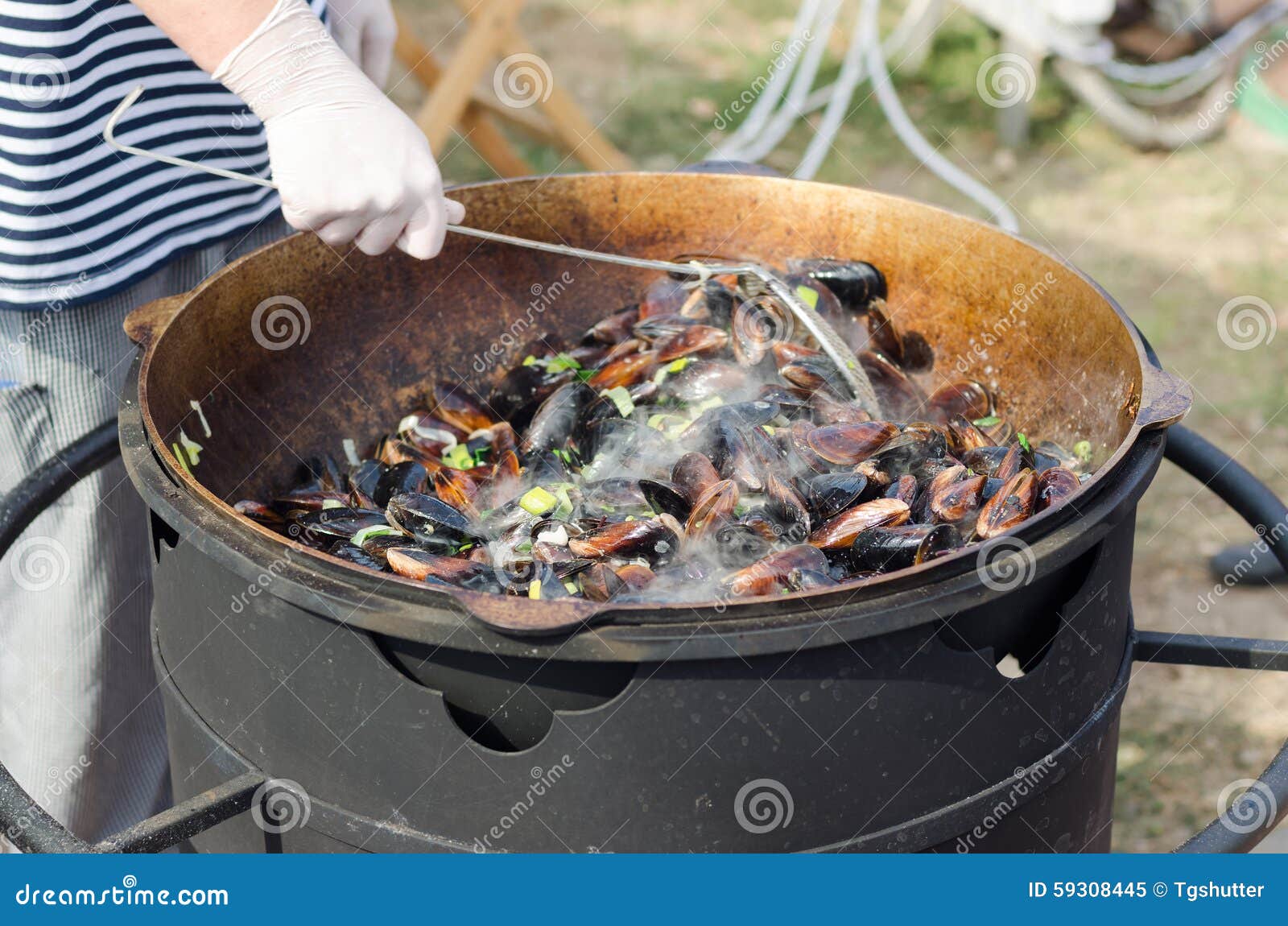 Large Pot of Hot Steaming Mussels Cooking Outdoors Stock Image Image