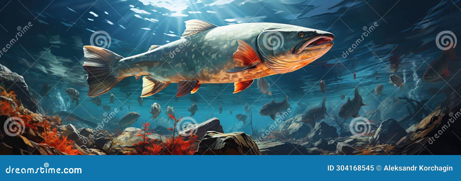 Large Predatory Freshwater Fish Underwater in Lake Closeup Stock Image